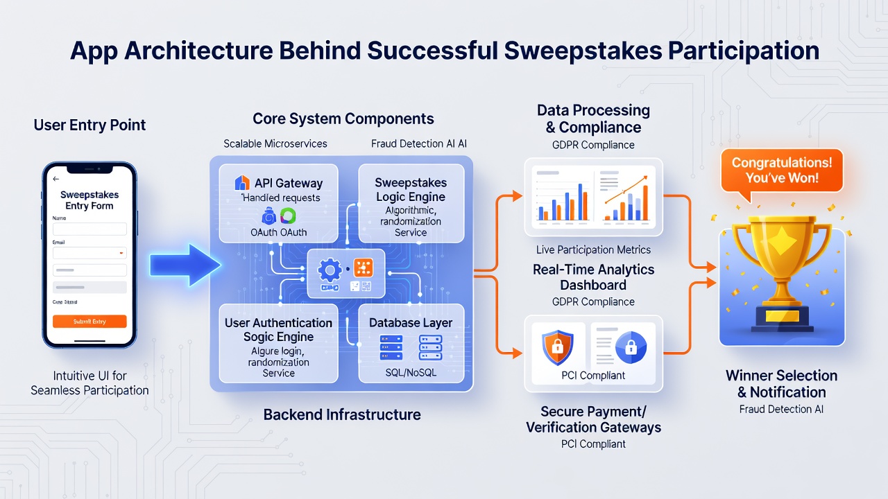 Detailed diagram of microservices architecture for sweepstakes including RNG module and compliance layer