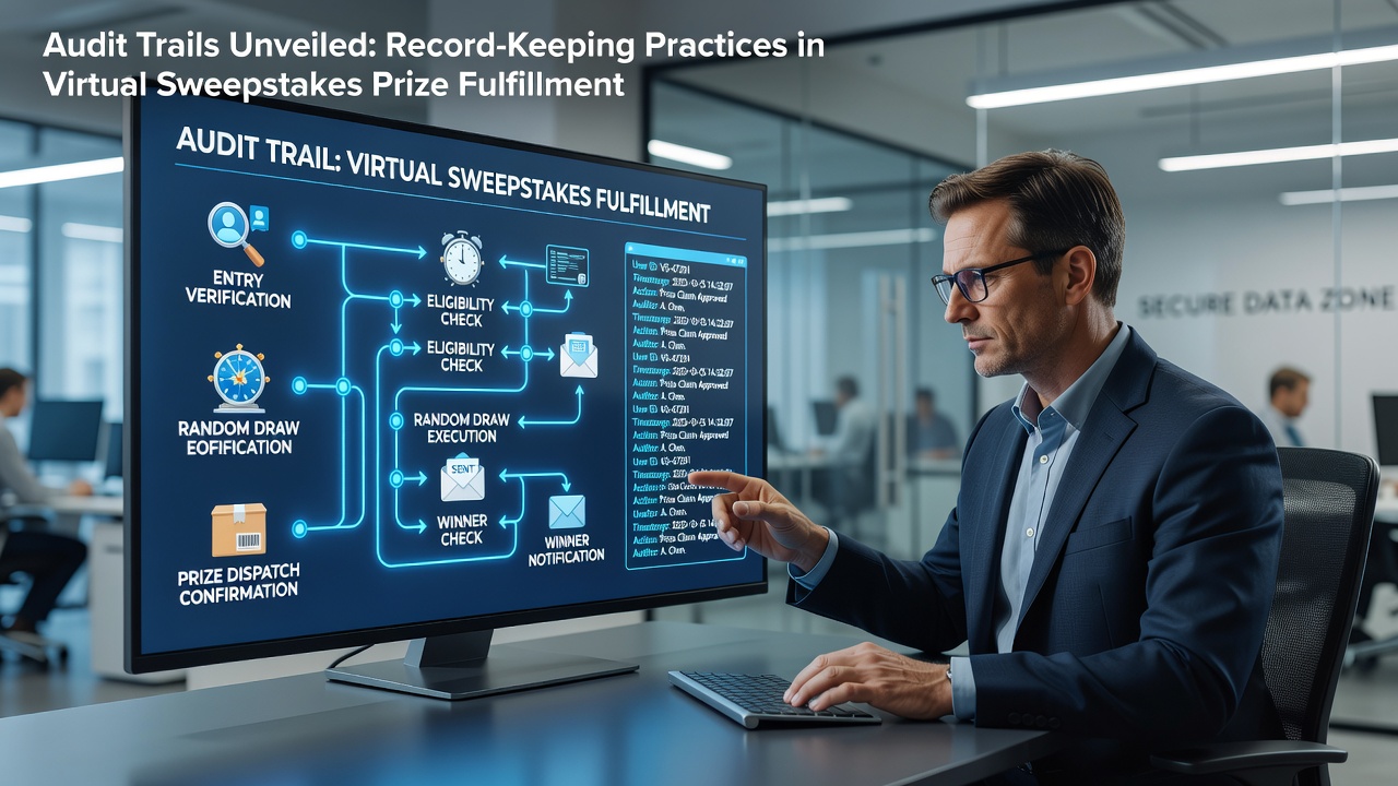 Digital interface displaying audit trail logs for sweepstakes prize records and timestamps