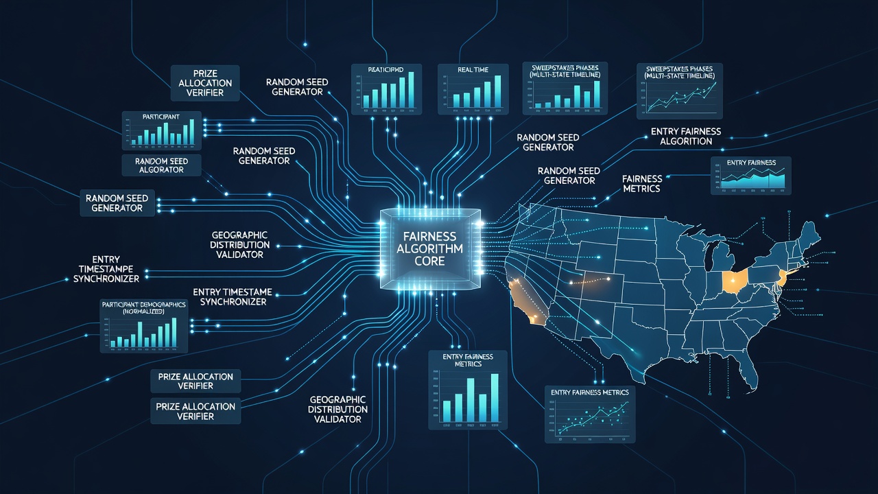 Illustration of backend server infrastructure supporting multi-state sweepstakes operations with data flow diagrams