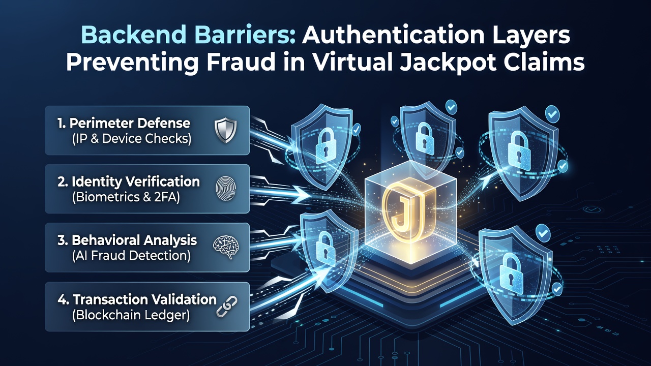 Illustration of layered backend authentication protocols protecting virtual jackpot claims from unauthorized access