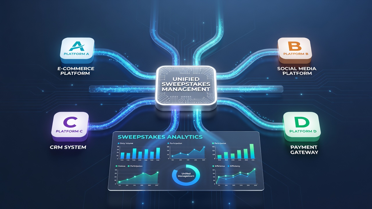 Diagram showing backend integration architecture connecting various sweepstakes platforms through APIs and centralized databases