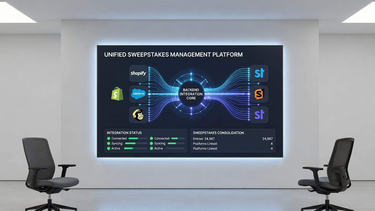 Flowchart illustrating data synchronization between sweepstakes platforms, including API calls and compliance checks