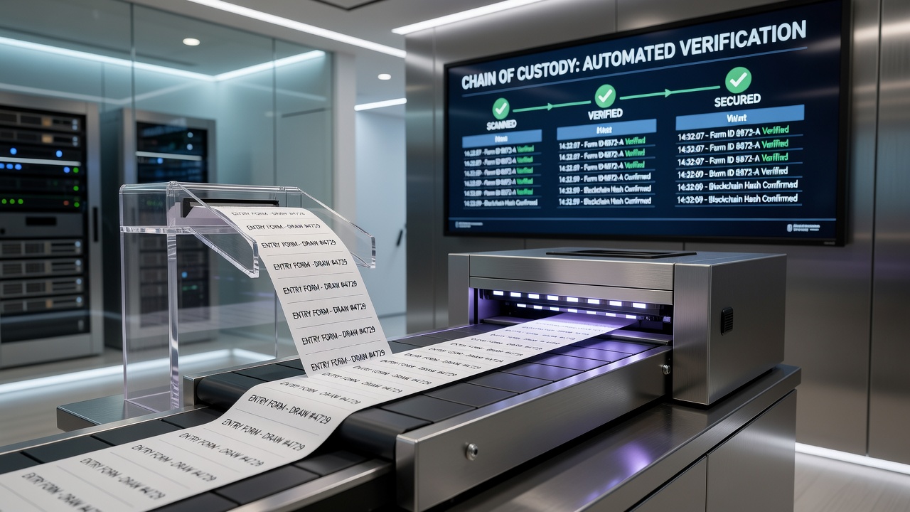 Digital interface displaying automated verification of casino sweepstakes entry forms with timestamp logs and security markers