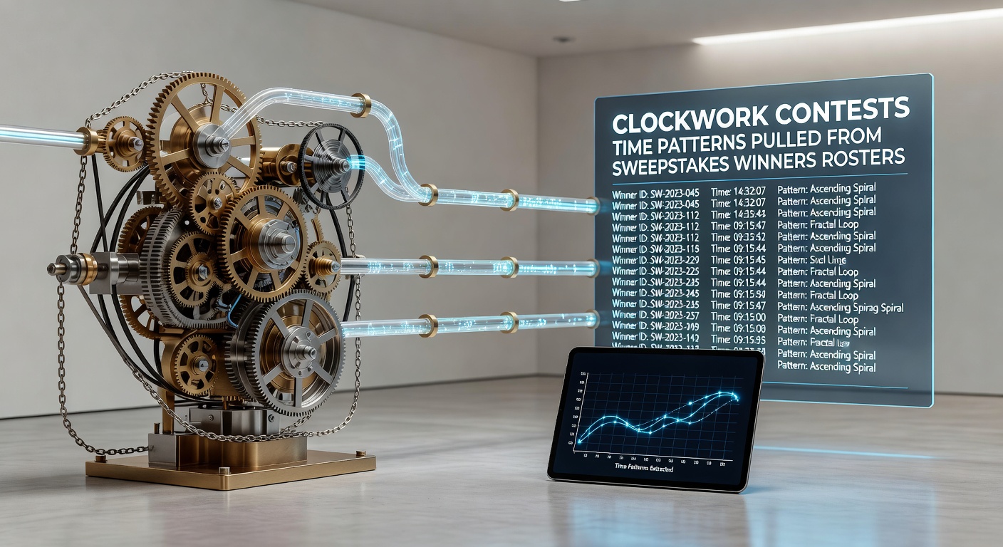 Colorful clock overlay on a list of sweepstakes winners, highlighting timestamps next to names and prizes