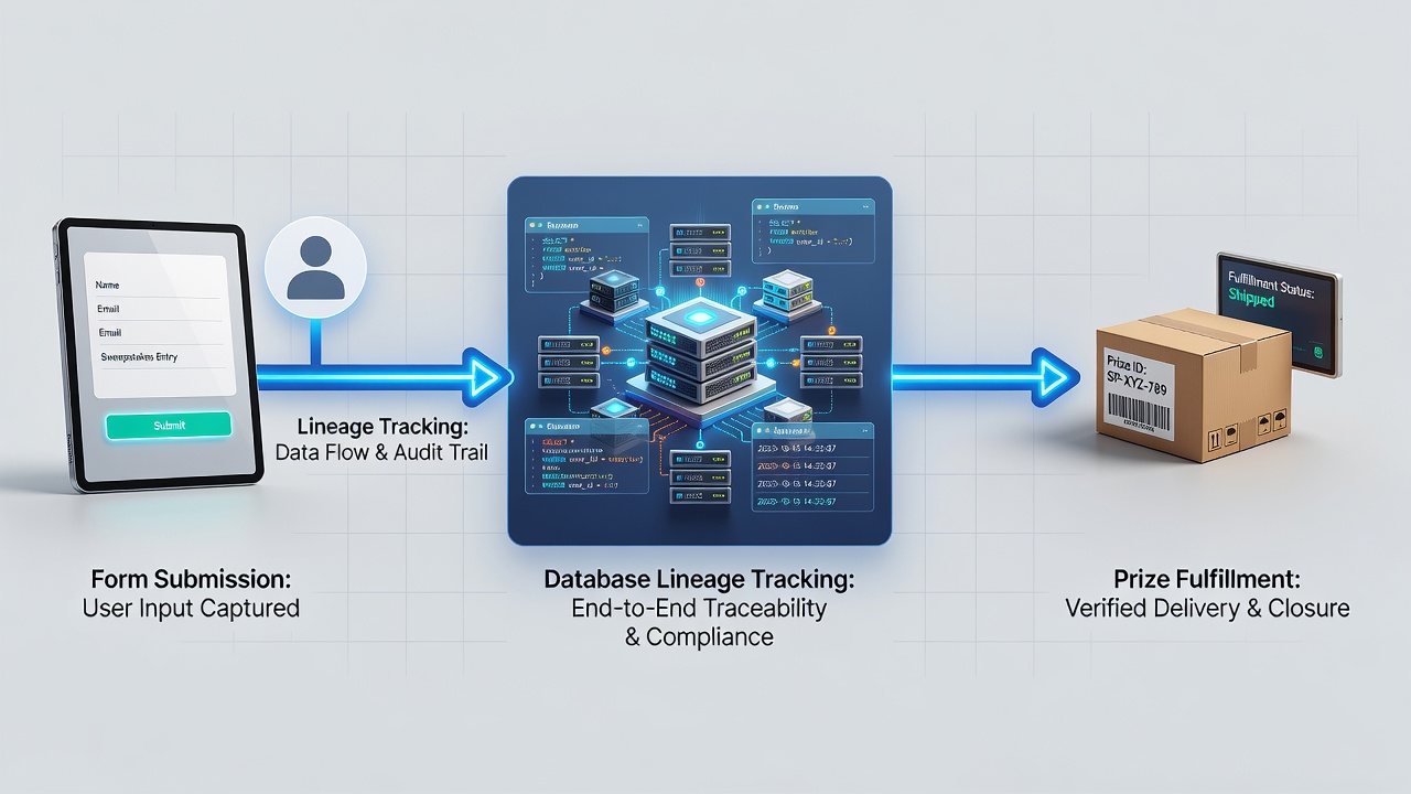 Flowchart illustrating lineage records linking winner selection data to prize claim verification and delivery logistics