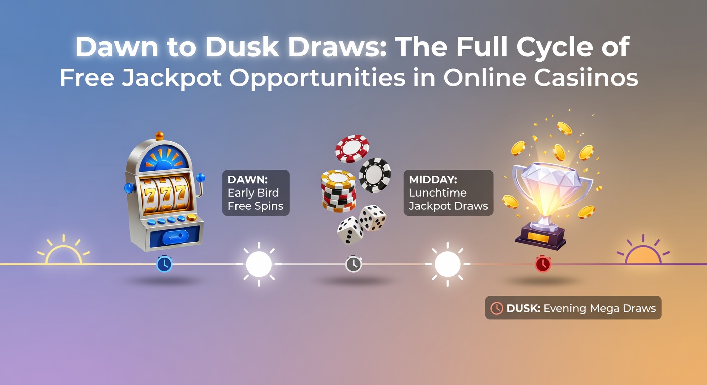 Digital clock showing progression from dawn to dusk wth jackpot icons overlayed on casino interfaces, illustrating the 24-hour cycle of free draws