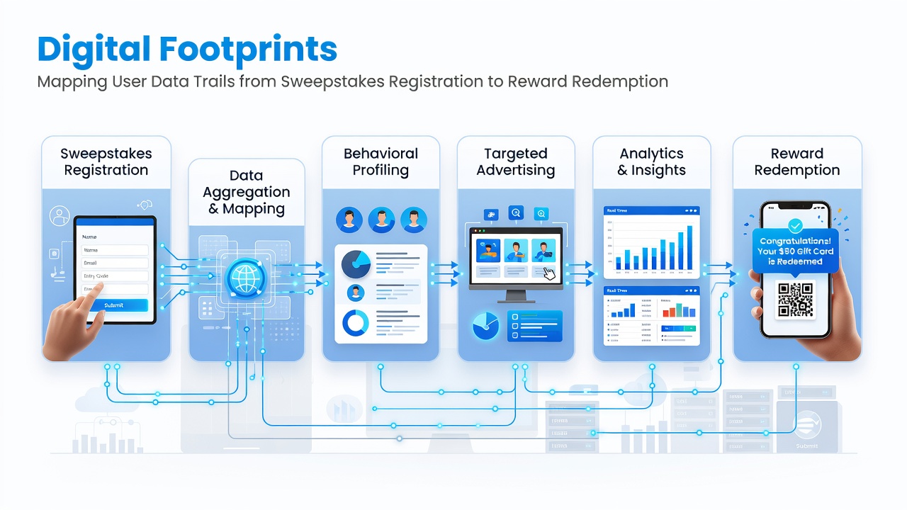 Diagram showing data flow from user device to prize redemption portal with highlighted trail markers