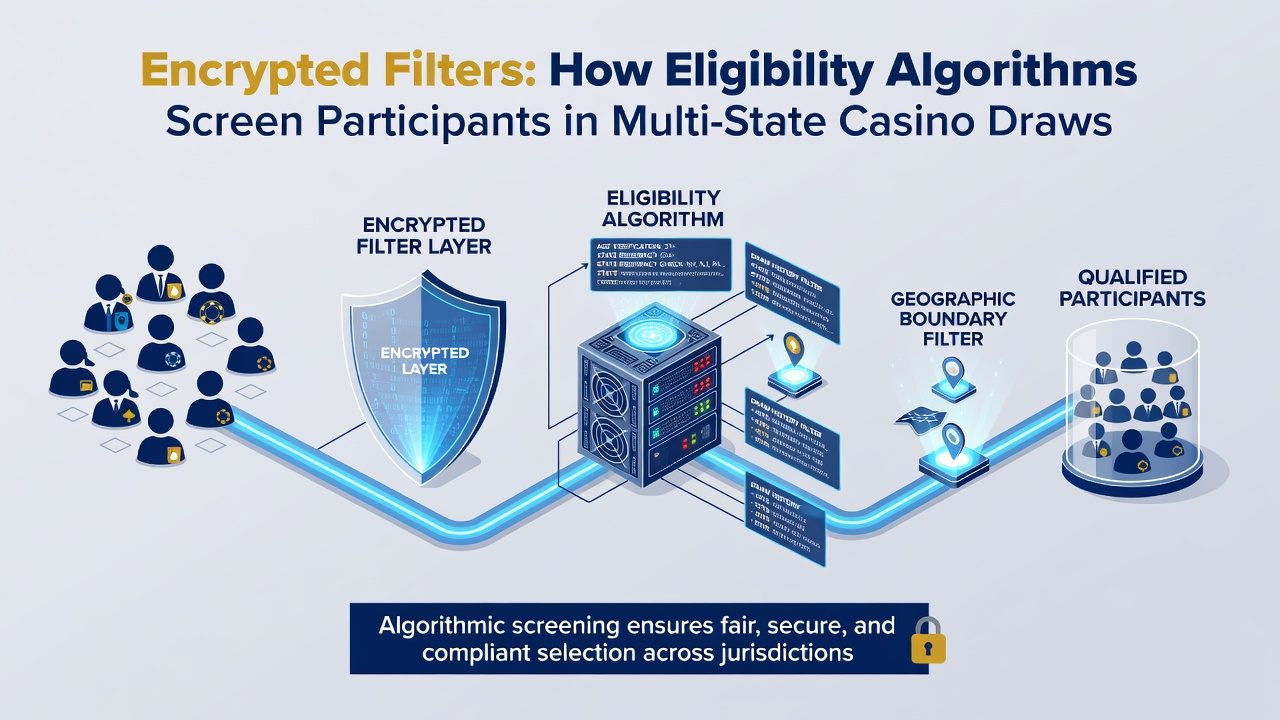 Technical diagram showing encrypted eligibility checks across multiple state jurisdictions for casino promotions