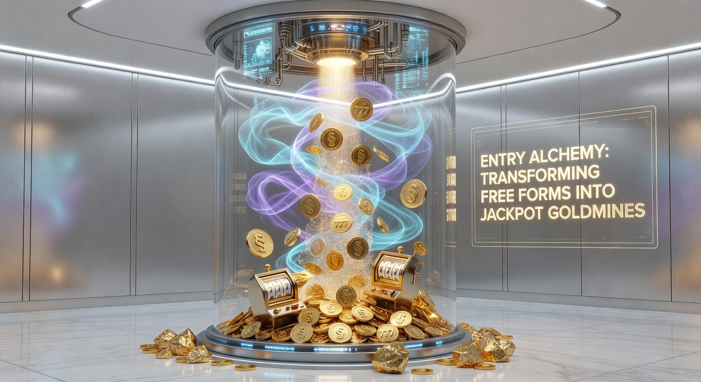 A digital form glowing with golden alchemical symbols, morphing into stacks of jackpot coins against a casino backdrop