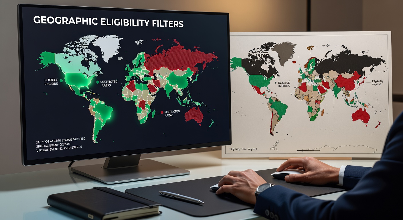 Illustration of compliance software detecting player location and applying jackpot eligibility rules