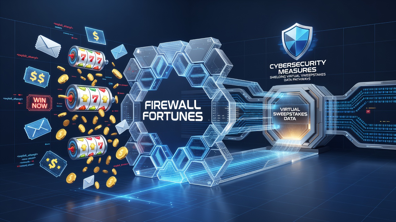 Technical illustration of encrypted data flow protected by multiple firewall layers in a sweepstakes platform