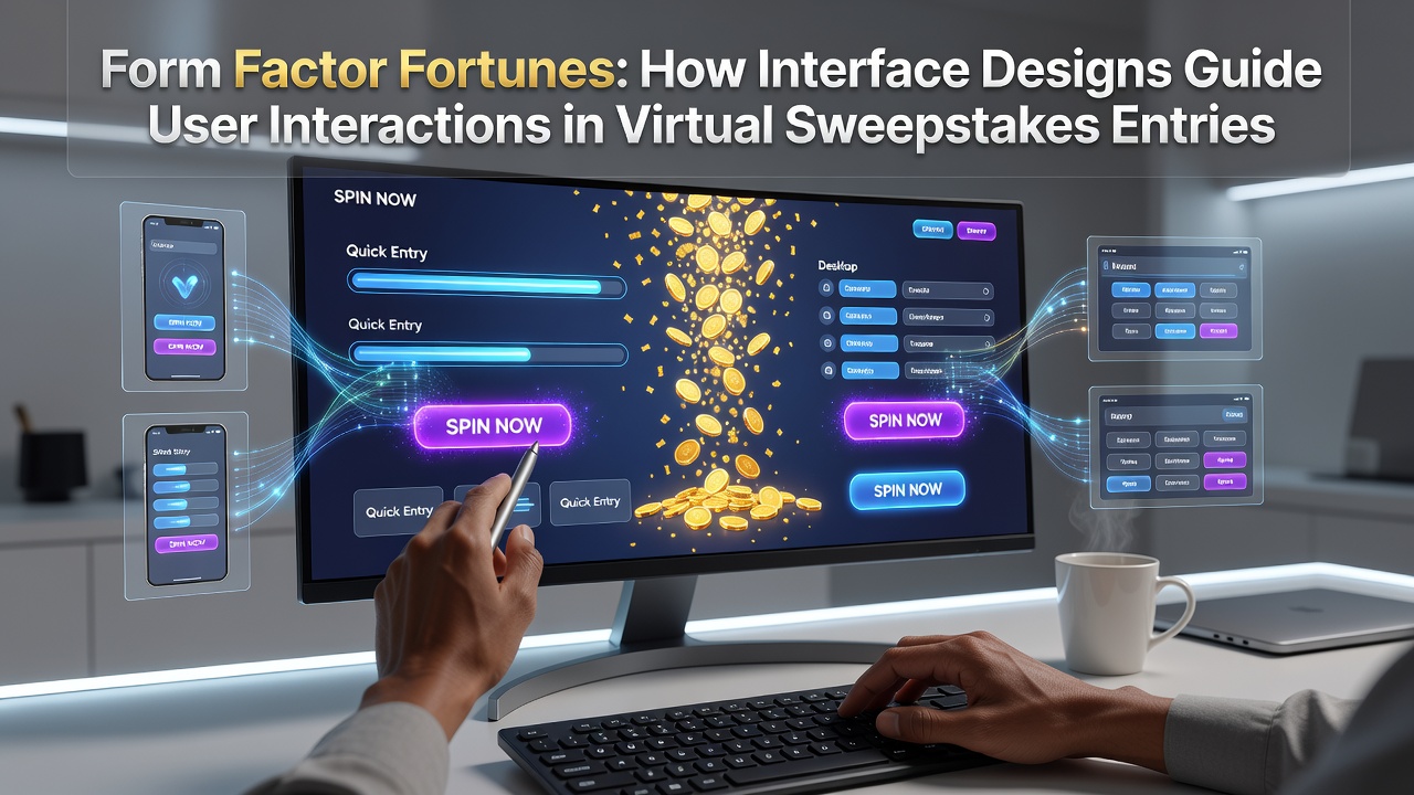 Mobile and desktop interfaces displaying virtual sweepstakes entry forms side by side, highlighting layout differences that affect user navigation and submission rates