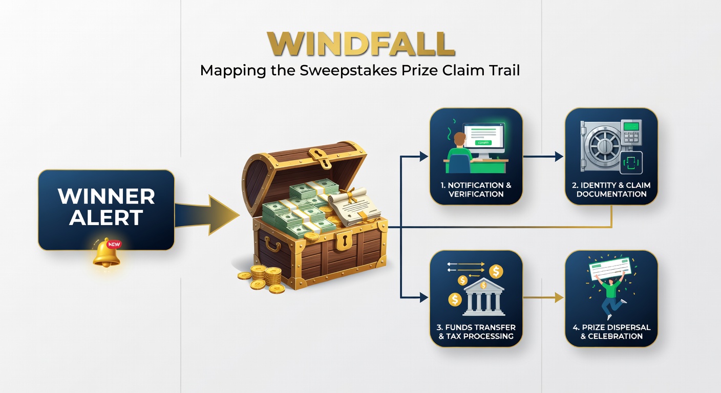 Digital illustration showing a sweepstakes winner receiving an exciting notification email on a laptop, with prize icons like cash and cars floating around