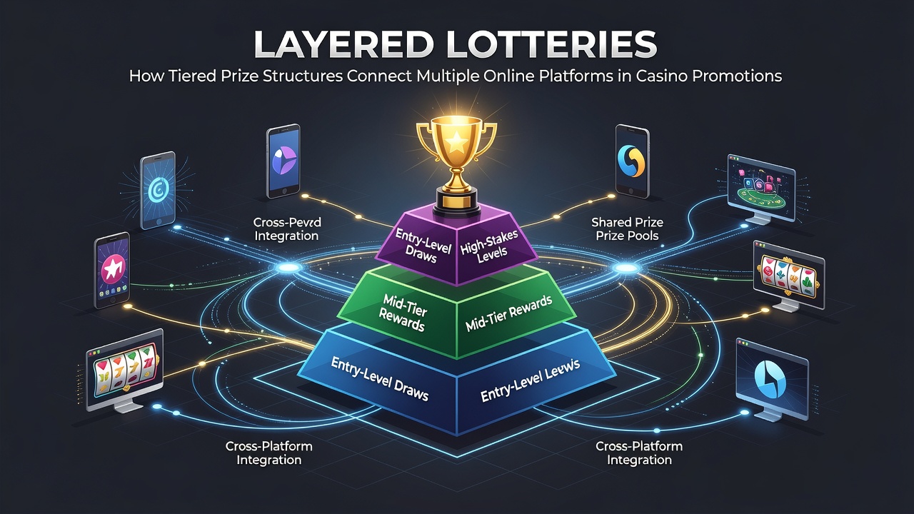 Diagram showing interconnected online casino platforms with tiered prize levels flowing between networks