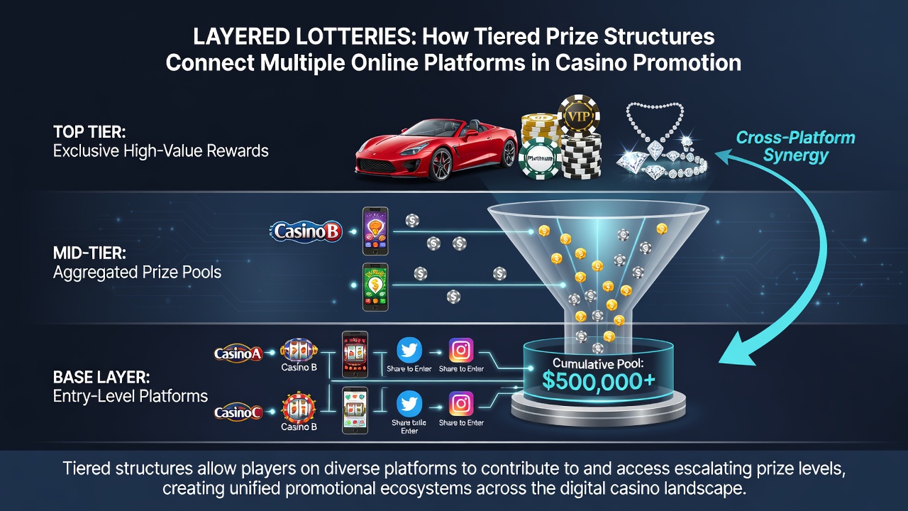 Flowchart illustrating data synchronization between three casino platforms contributing to shared layered prize tiers