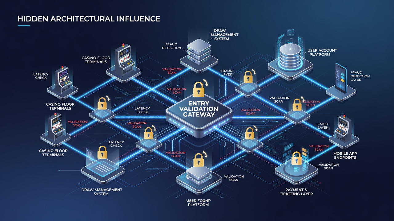 Flowchart illustrating entry validation sequence through casino draw platform components