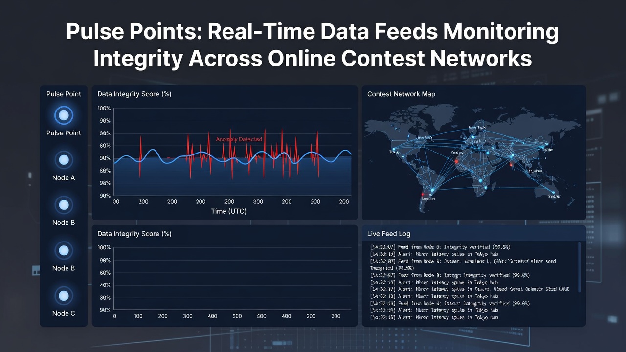 Dashboard displaying real-time data feeds monitoring contest network integrity with graphs and alerts