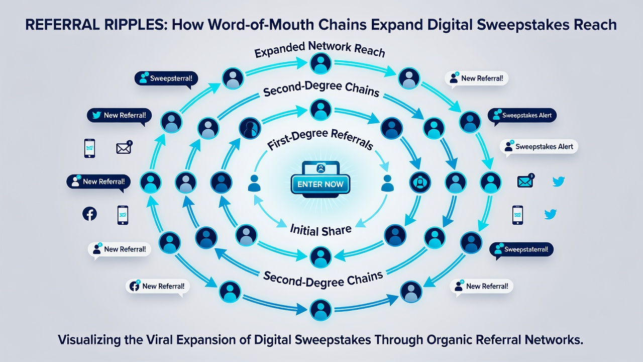 Infographic illustrating data points on referral chain lengths and participation growth rates in online sweepstakes