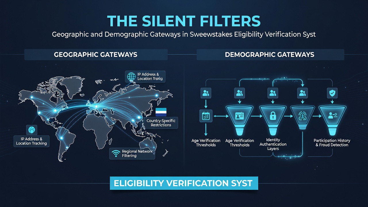 Flowchart illustrating how demographic data integrates with geographic checks during sweepstakes verification