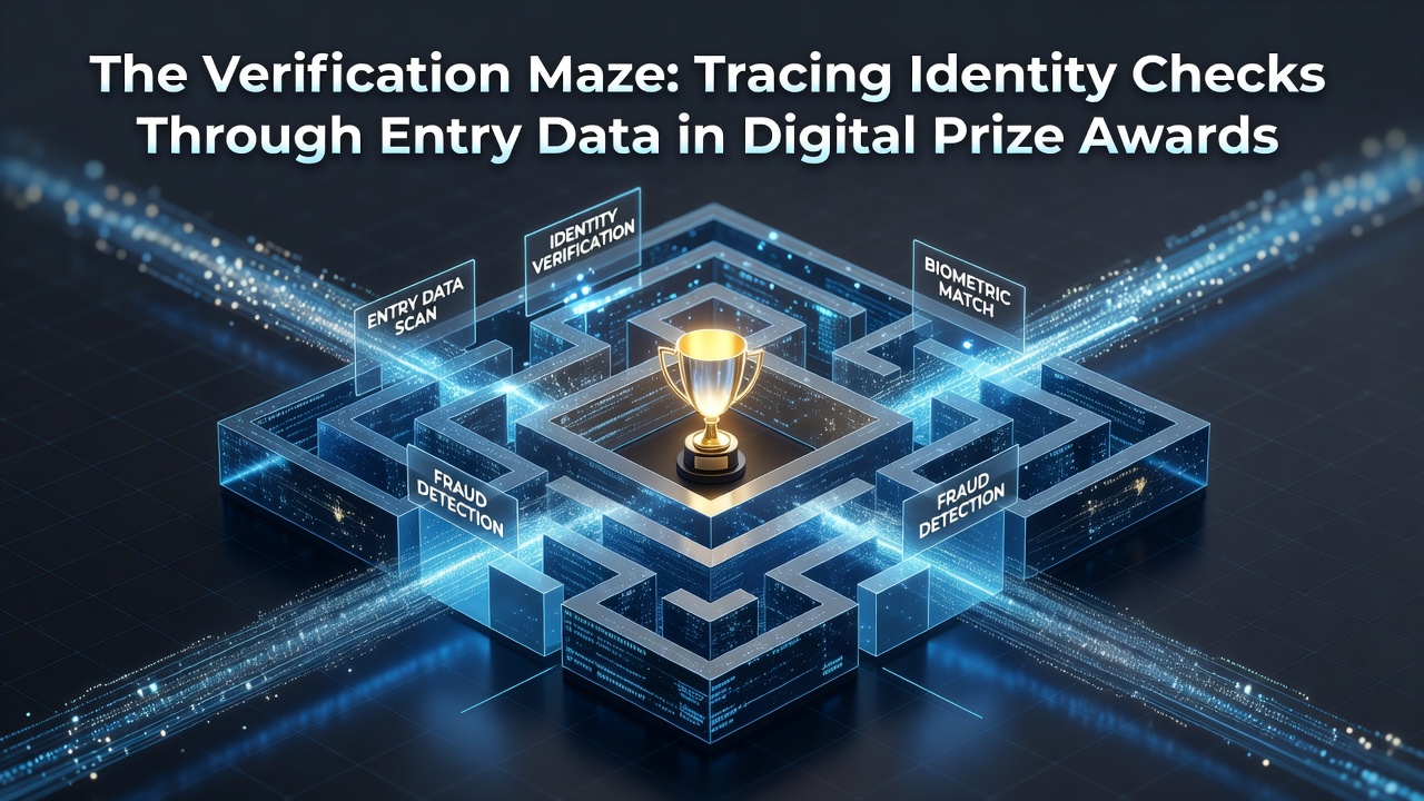 Diagram showing data flow from contest entry form through identity verification checkpoints in digital prize systems