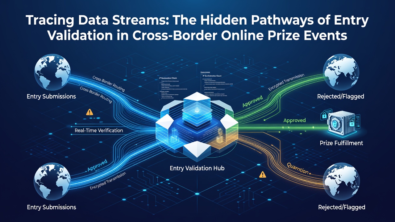Abstract visualization of data streams flowing across global networks during entry validation processes
