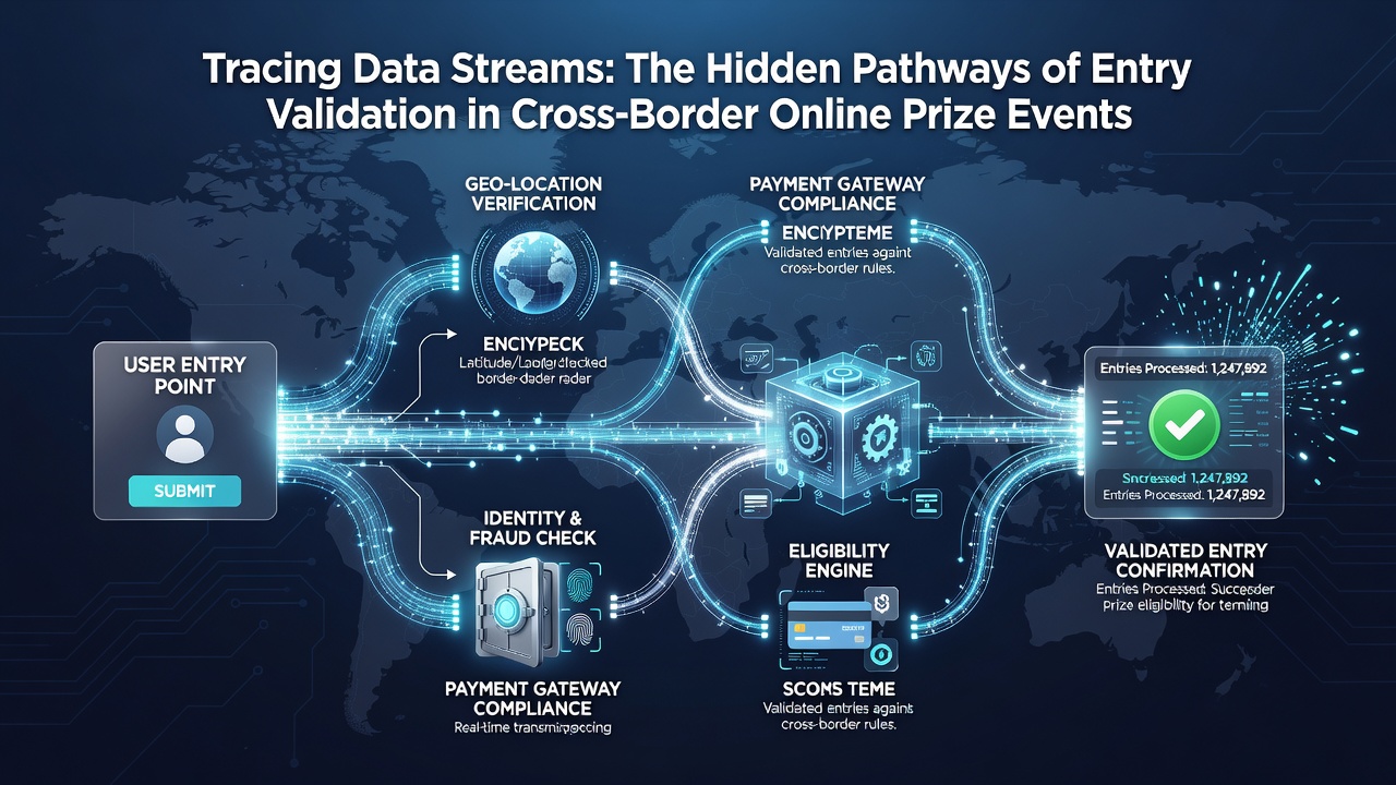 Network diagram showing encrypted data pathways and validation nodes connecting multiple countries in prize event systems