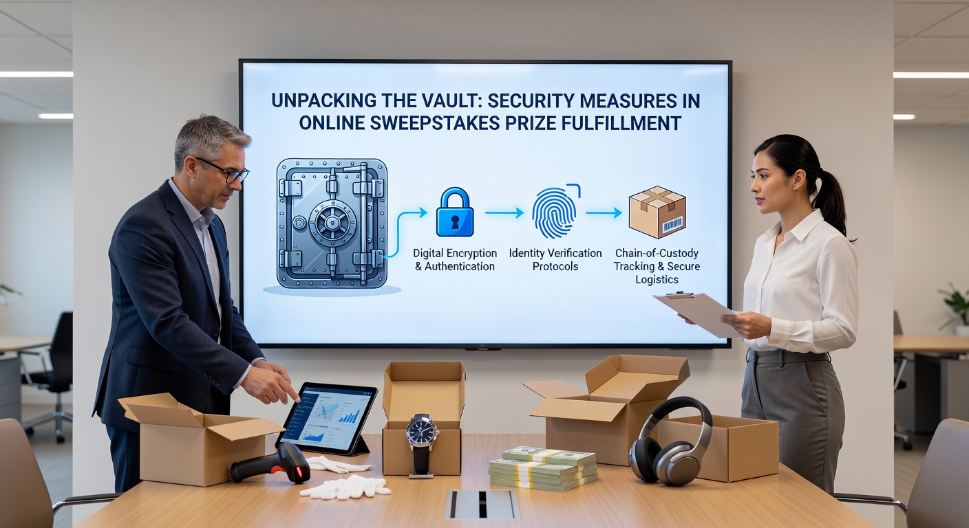 Illustration of multi-layered security checks during online sweepstakes prize verification and transfer process