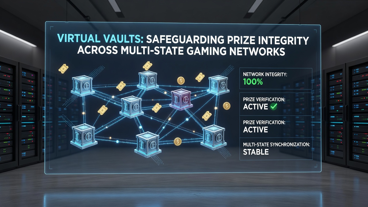 Secure digital vault interface displaying encrypted prize data flowing between multiple state gaming servers